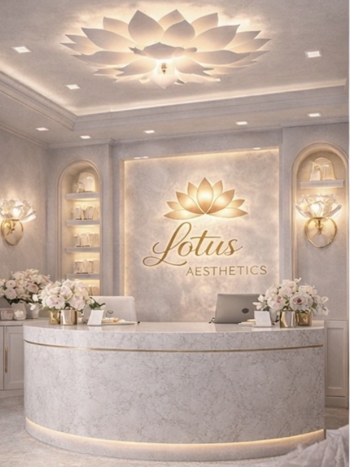Lotus Aesthetics — reception with custom lotus ceiling, marble desk, and gold accents