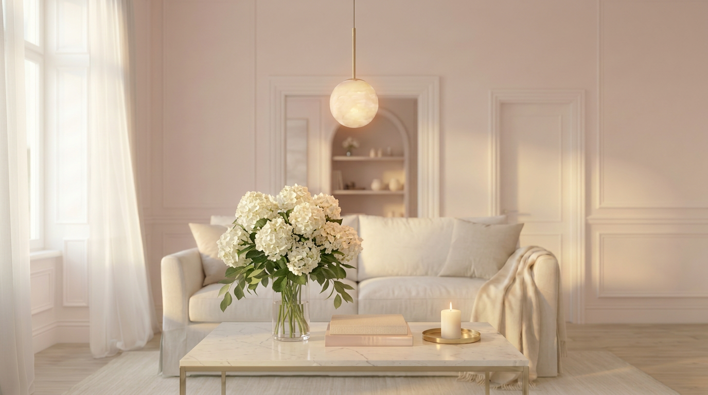 Elegant blush-toned clinic interior with marble counter and gold pendant