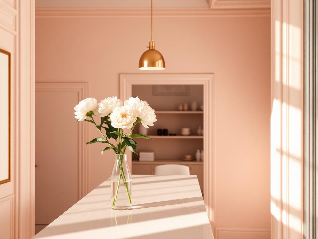 Elegant blush-toned clinic interior with marble counter and gold pendant