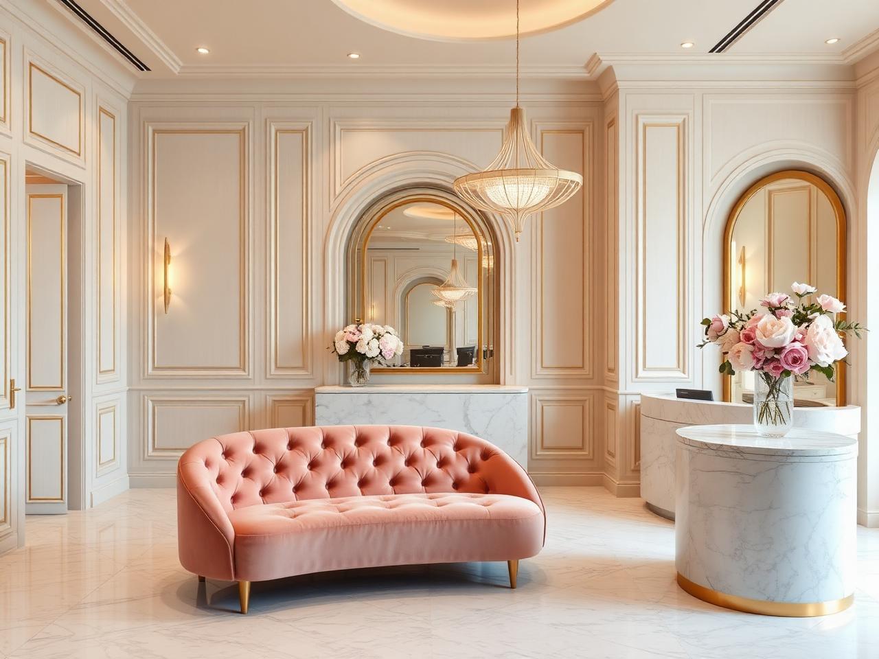 Custom-designed luxury aesthetic clinic interior with blush velvet sofa, marble reception, and gold accents